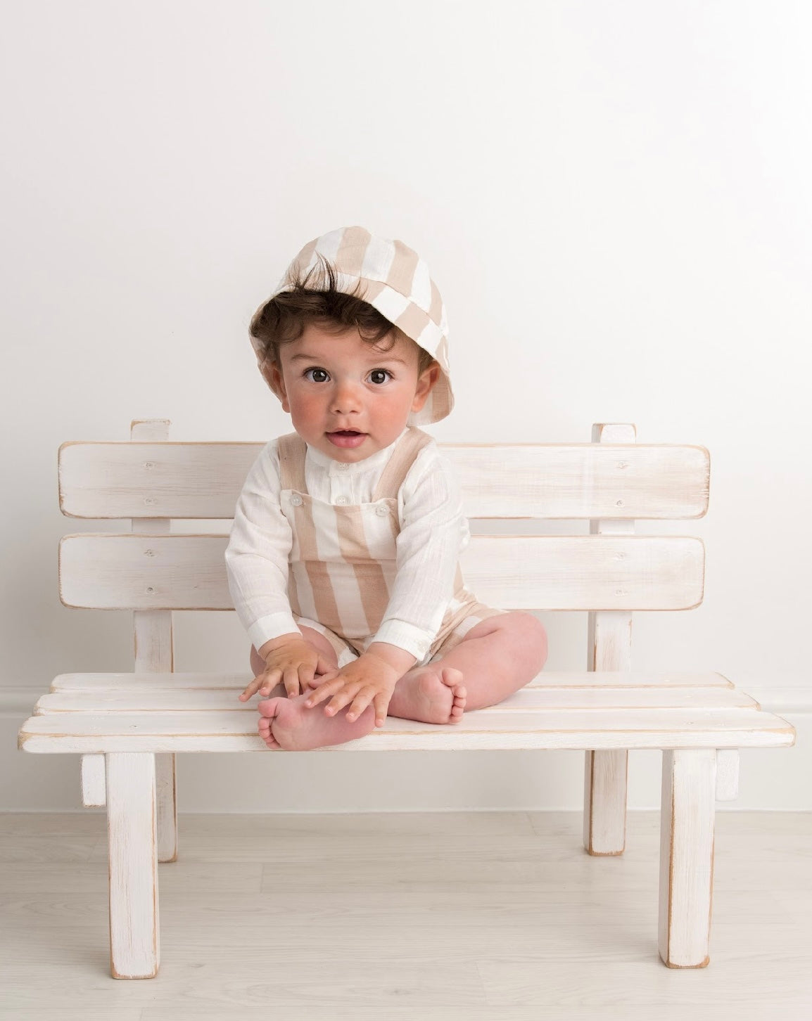 SS23 Caramelo Kids Ivory & Beige Striped Dungarees Set