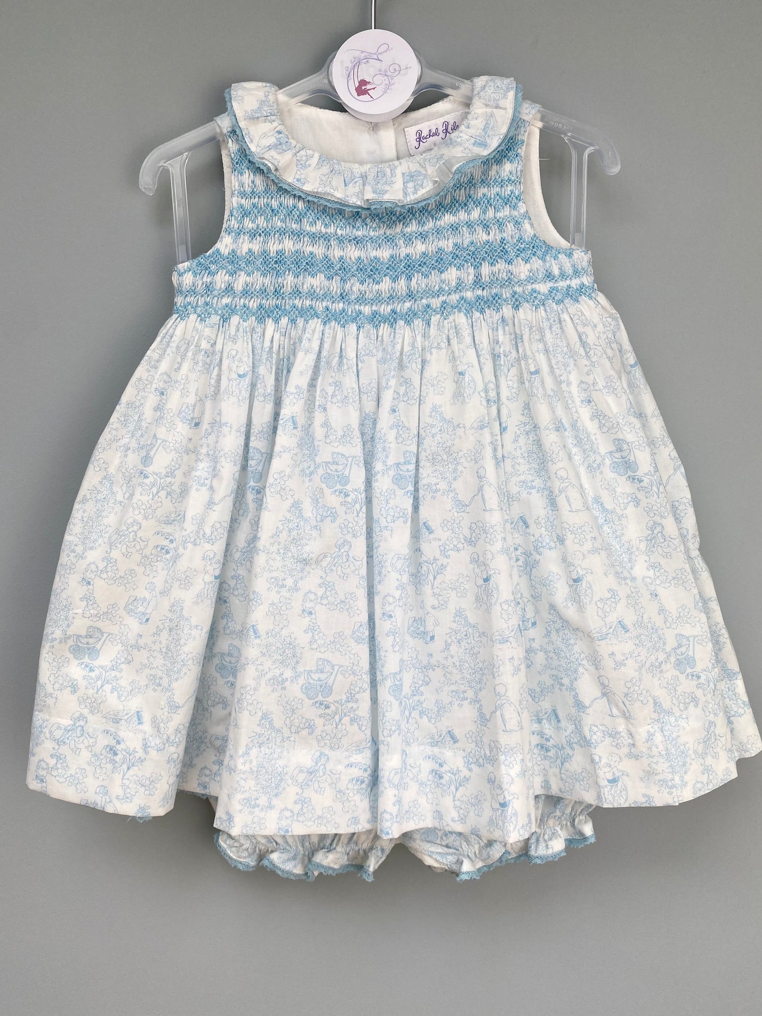 Rachel Riley Pastel Blue Hand Smocked Dress & Bloomer Set