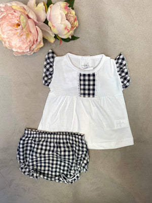 SS22 Calamaro Girls White & Black Gingham Blouse & Bloomer Set