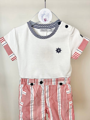 Patachou Boy's Red & White Striped Shorts & T-Shirt Set