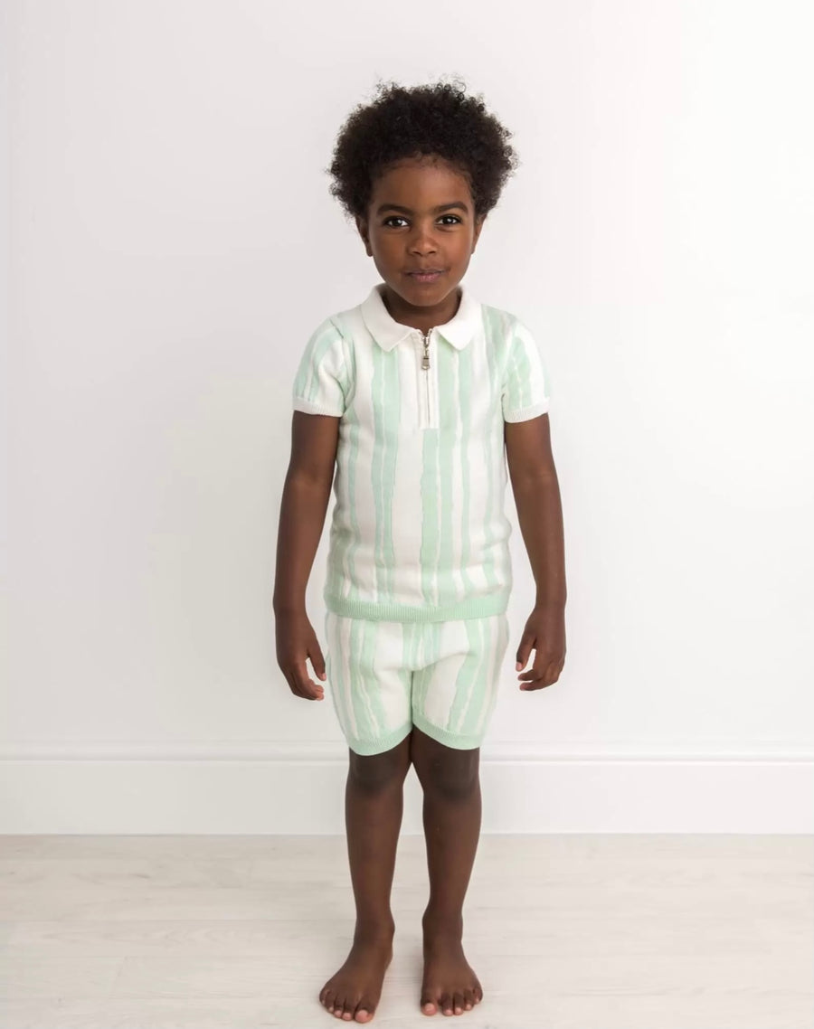 SS23 Caramelo Kids White & Mint Abstract Striped Knitted Shorts Set