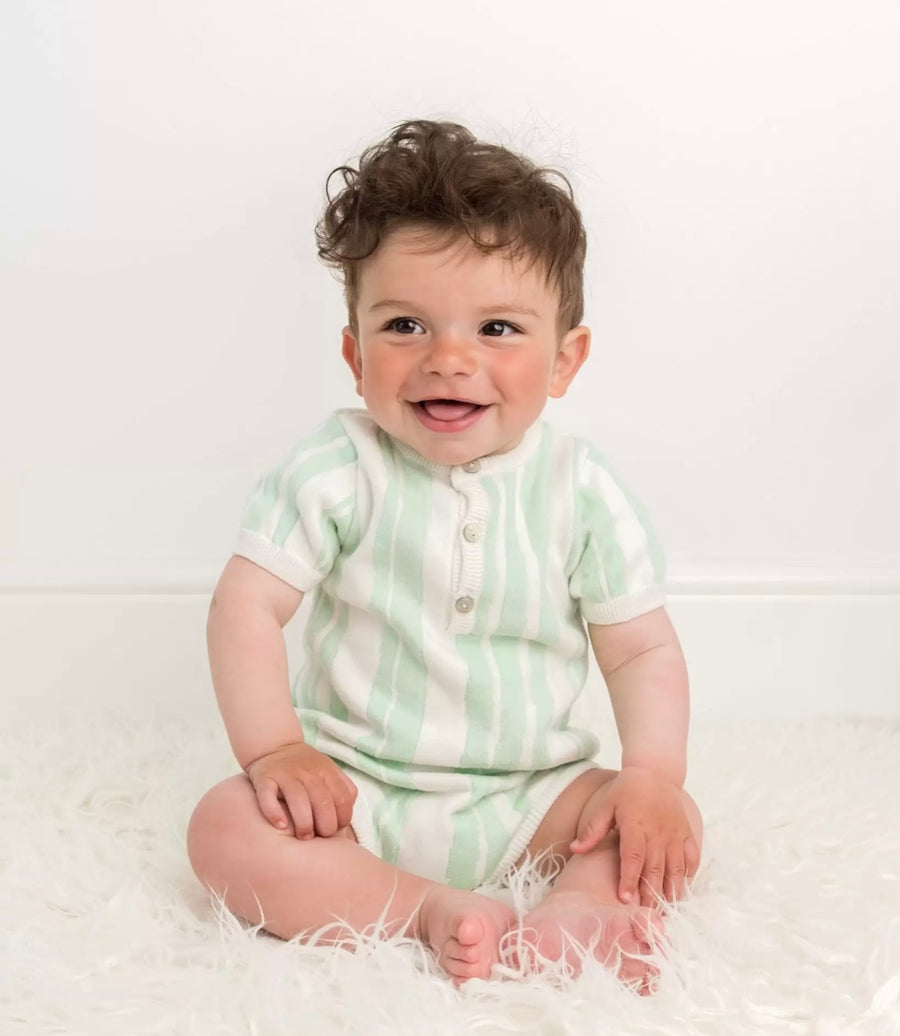 SS23 Caramelo Kids White & Mint Abstract Striped Knitted Romper