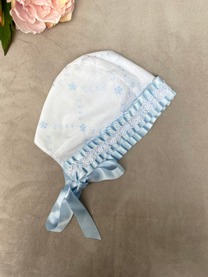 SS22 Piccola Speranza White & Blue Embroidered Bonnet