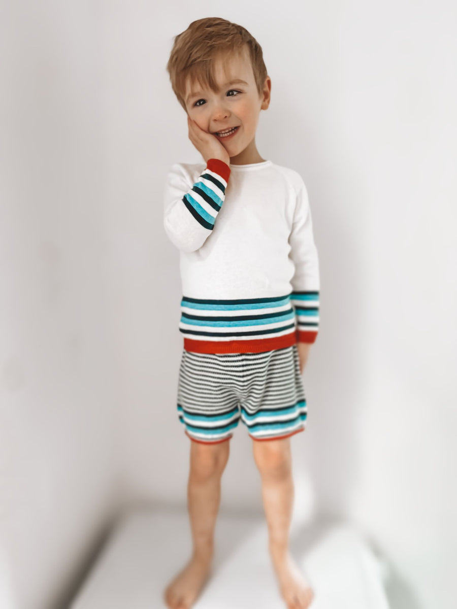 SS23 Wedoble White & Blue Striped Sweater Shorts Set