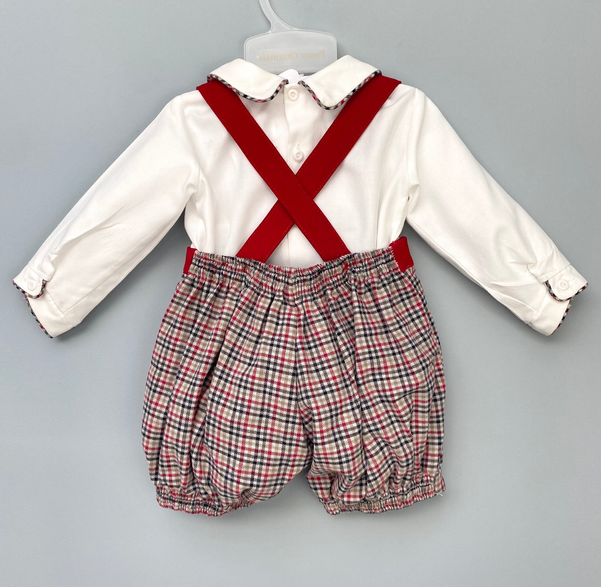 Pretty Originals Red & Beige Checked Dungaree & Shirt Set