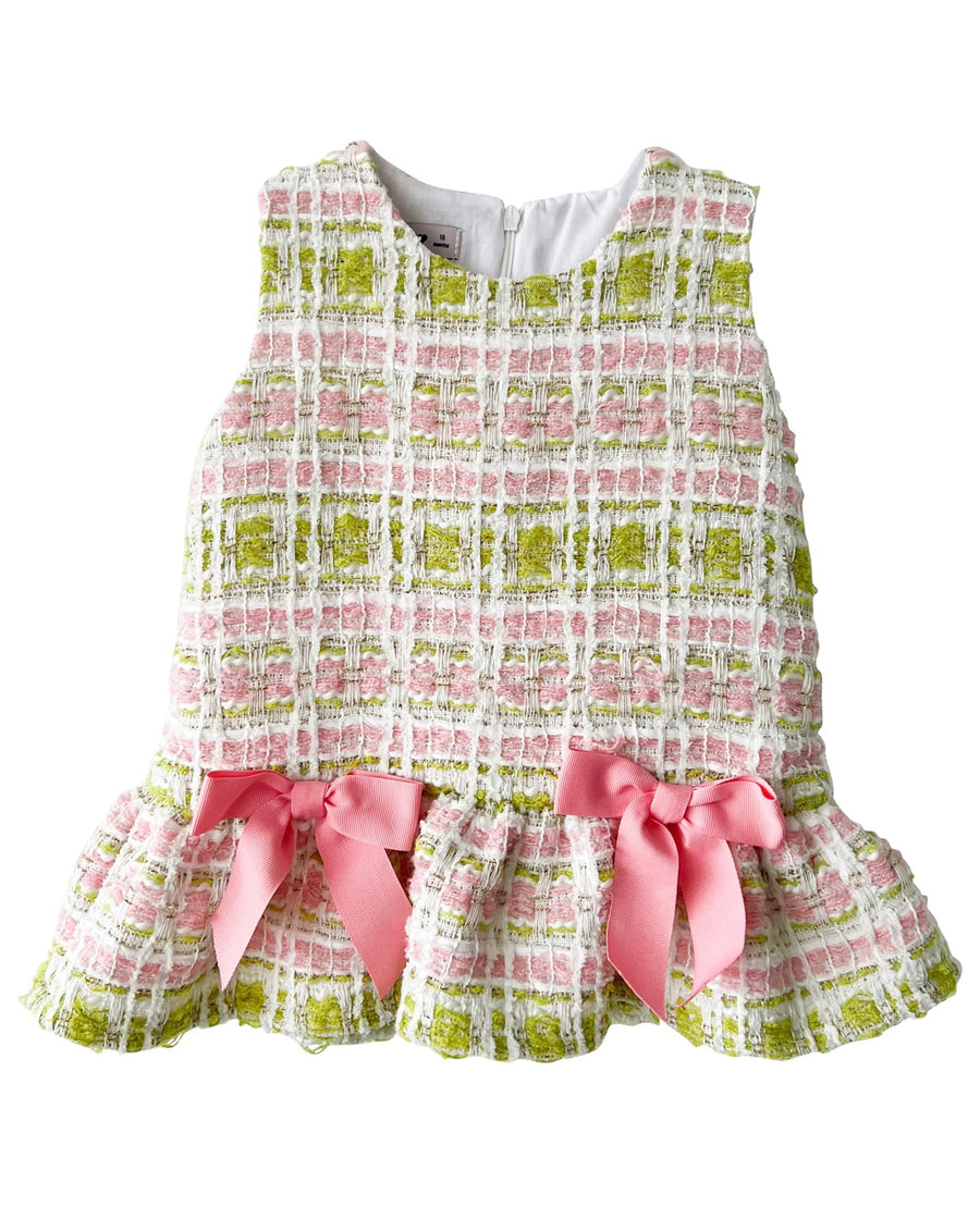 Phi Clothing Pink, White & Green Tweed Drop Waisted Dress