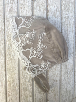 AW22 Phi Clothing Taupe Lace Covered Velvet Bonnet