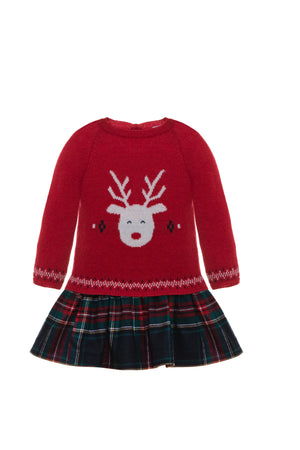 AW22 Patachou Red & Green Tartan Half-Knit Reindeer Motif Drop Waist Dress