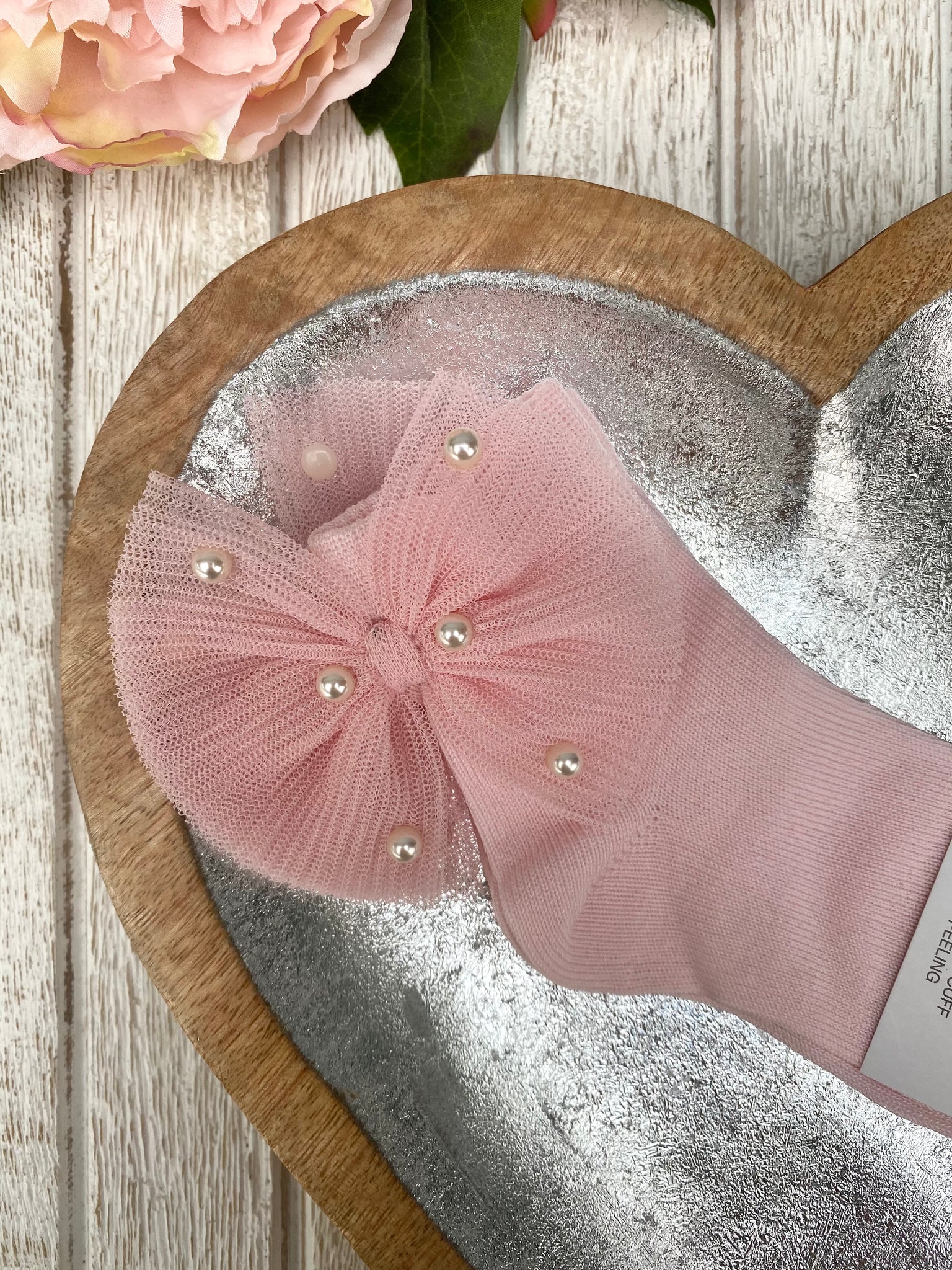 Meia Pata Baby Pink Pleated Tulle & Pearl Bow Ankle Socks