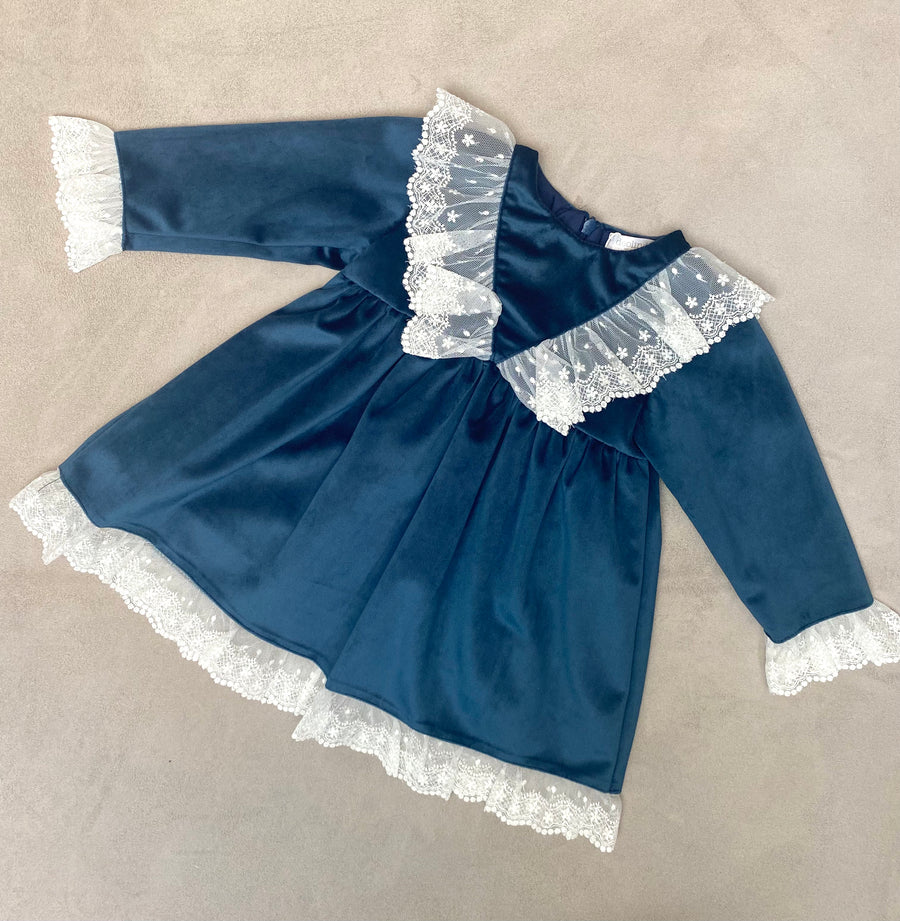 AW22 Deolinda Dark Blue & White Lace Trim Velvet Dress