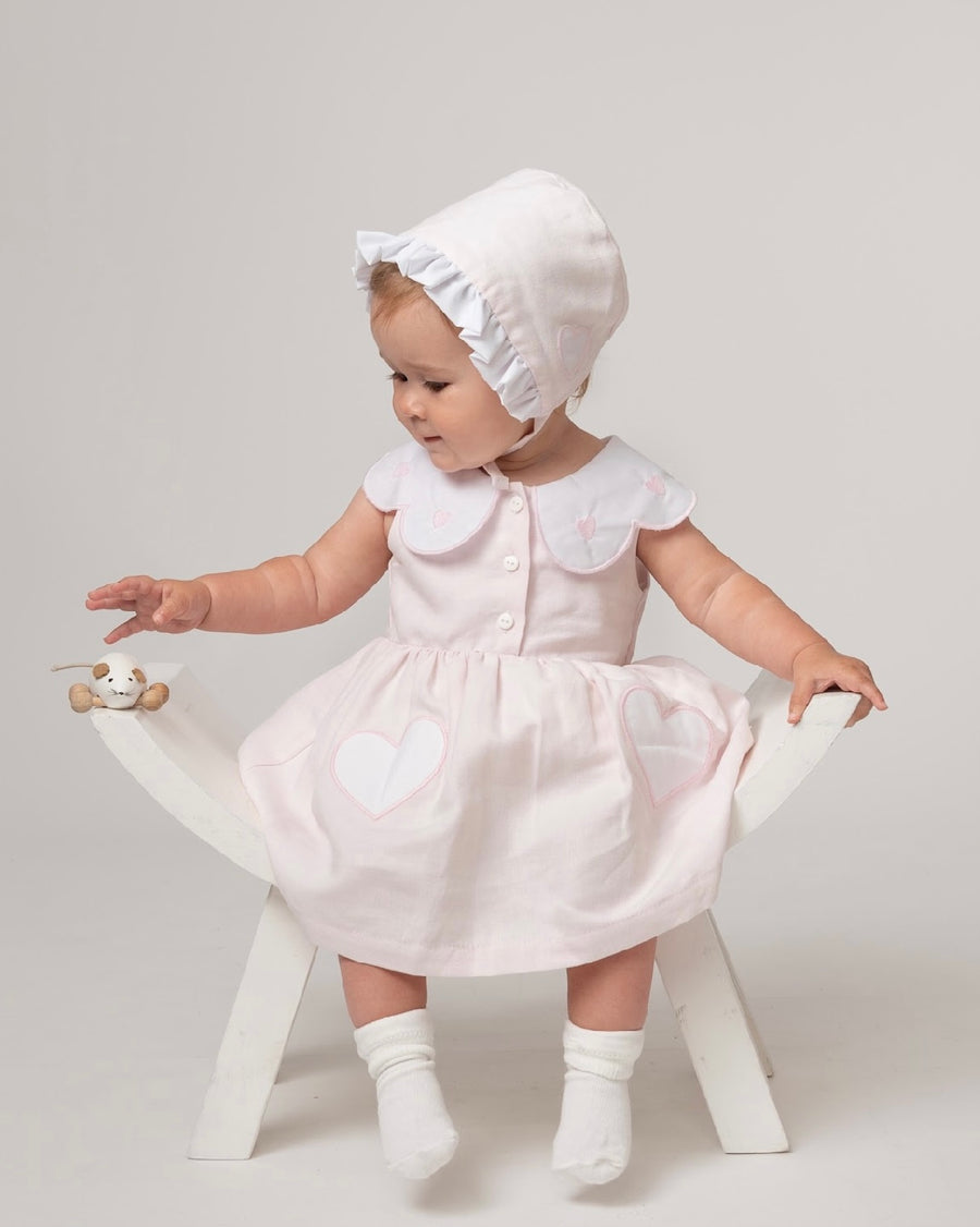SS23 Caramelo Kids Pink Linen Scallop Heart Dress, Pants & Bonnet Set