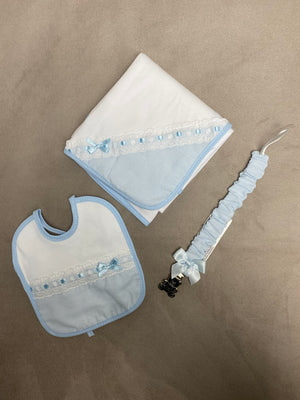 Dummy Clip, Shawl and Bib Gift Set – Blue & White