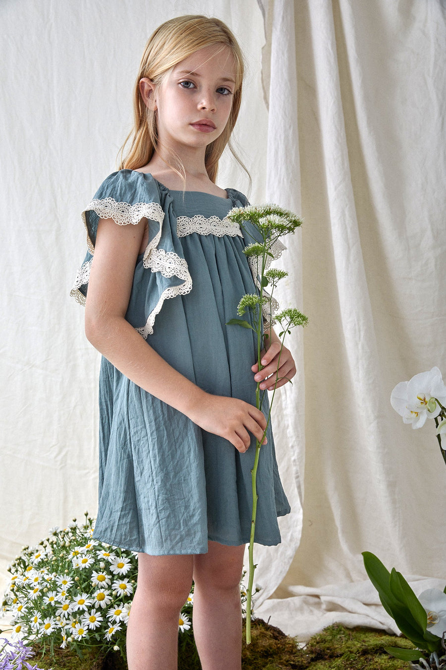 SS22 Nueces Kids Jade Green & Ivory Lace Dress